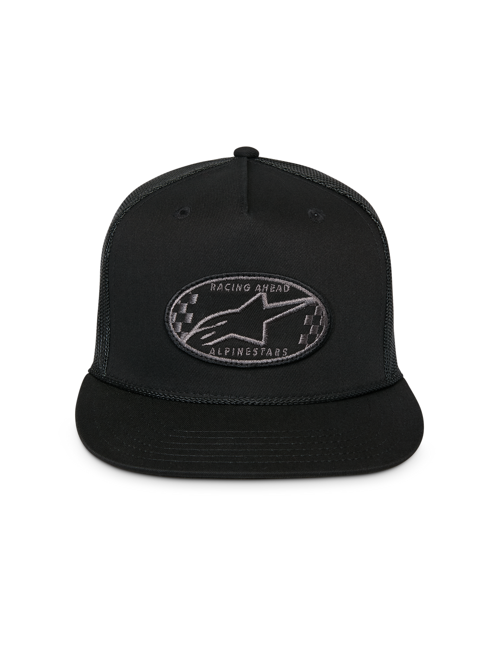 Alpinestars Contender Trucker Hat, Schwarz, Strukturierte Snapback-Kappe mit flachem Schirm, Vorderer ovaler Astars-Logo-Patch mit Schachbrett-Stickerei, Mesh-Rückseite, Lässige Sportbekleidung-Kopfbedeckung