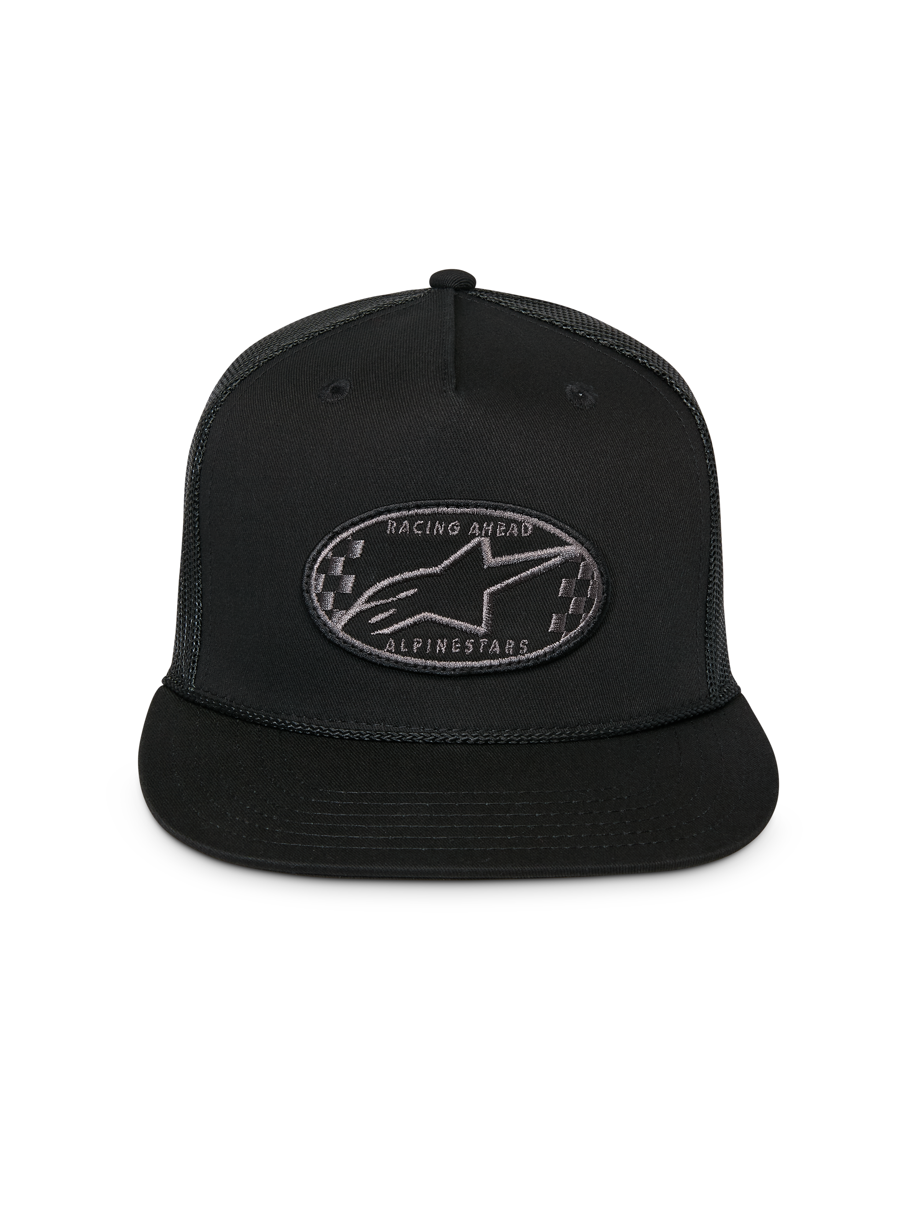 Alpinestars Contender Trucker Hat, Schwarz, Strukturierte Snapback-Kappe mit flachem Schirm, Vorderer ovaler Astars-Logo-Patch mit Schachbrett-Stickerei, Mesh-Rückseite, Lässige Sportbekleidung-Kopfbedeckung