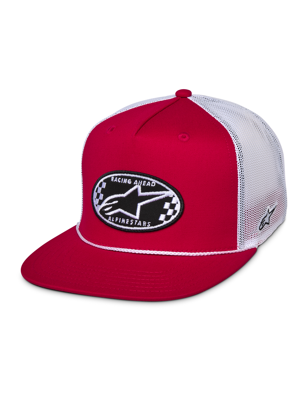 Alpinestars Contender Trucker-Mütze, Rot und Weiß, Snapback mit flachem Schirm, ovaler Astars-Stickaufnäher mit Schachbrettmuster auf der Vorderseite, weiße Poly-Mesh-Rückseite, lässige Motorsport-Streetwear