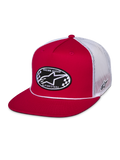 Alpinestars Contender Trucker-Mütze, Rot und Weiß, Snapback mit flachem Schirm, ovaler Astars-Stickaufnäher mit Schachbrettmuster auf der Vorderseite, weiße Poly-Mesh-Rückseite, lässige Motorsport-Streetwear