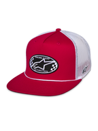 Alpinestars Contender Trucker-Mütze, Rot und Weiß, Snapback mit flachem Schirm, ovaler Astars-Stickaufnäher mit Schachbrettmuster auf der Vorderseite, weiße Poly-Mesh-Rückseite, lässige Motorsport-Streetwear