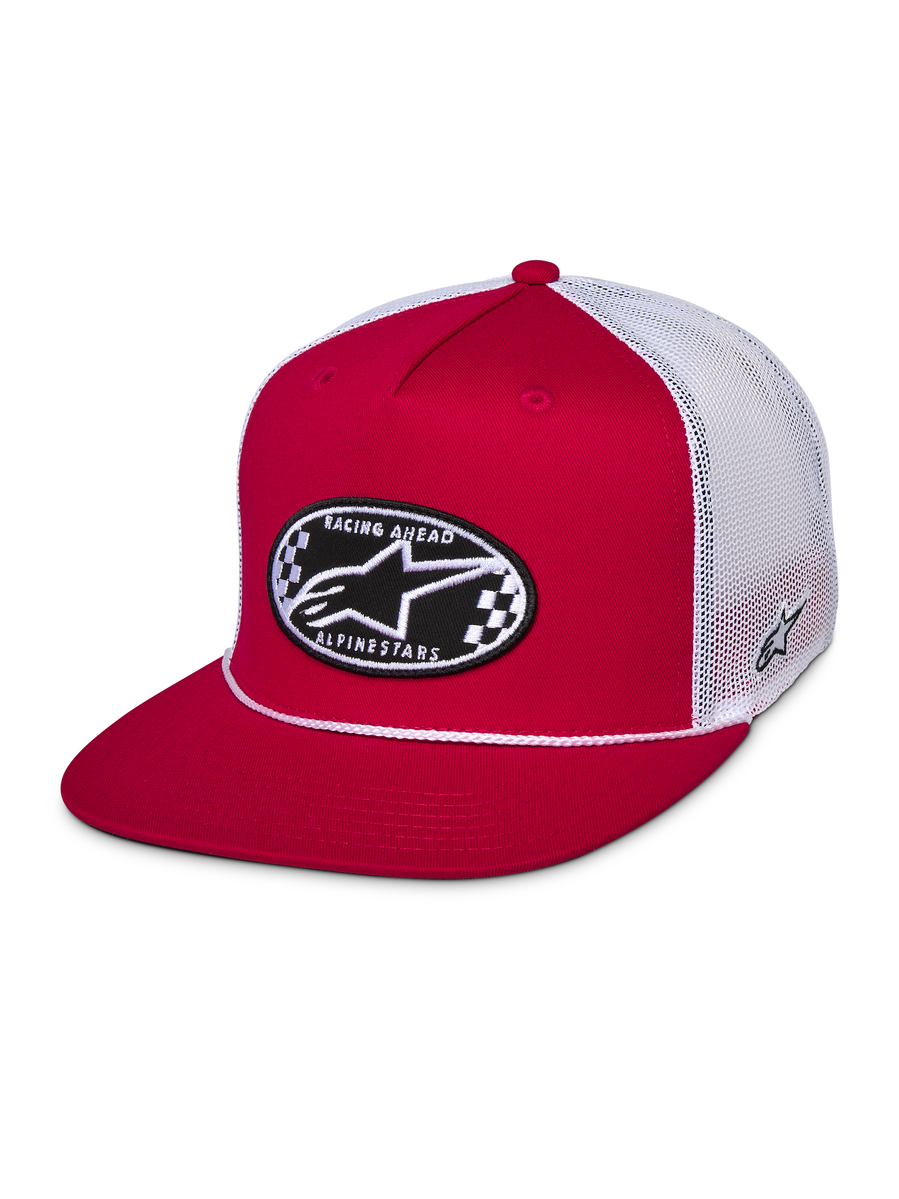 Alpinestars Contender Trucker-Mütze, Rot und Weiß, Snapback mit flachem Schirm, ovaler Astars-Stickaufnäher mit Schachbrettmuster auf der Vorderseite, weiße Poly-Mesh-Rückseite, lässige Motorsport-Streetwear
