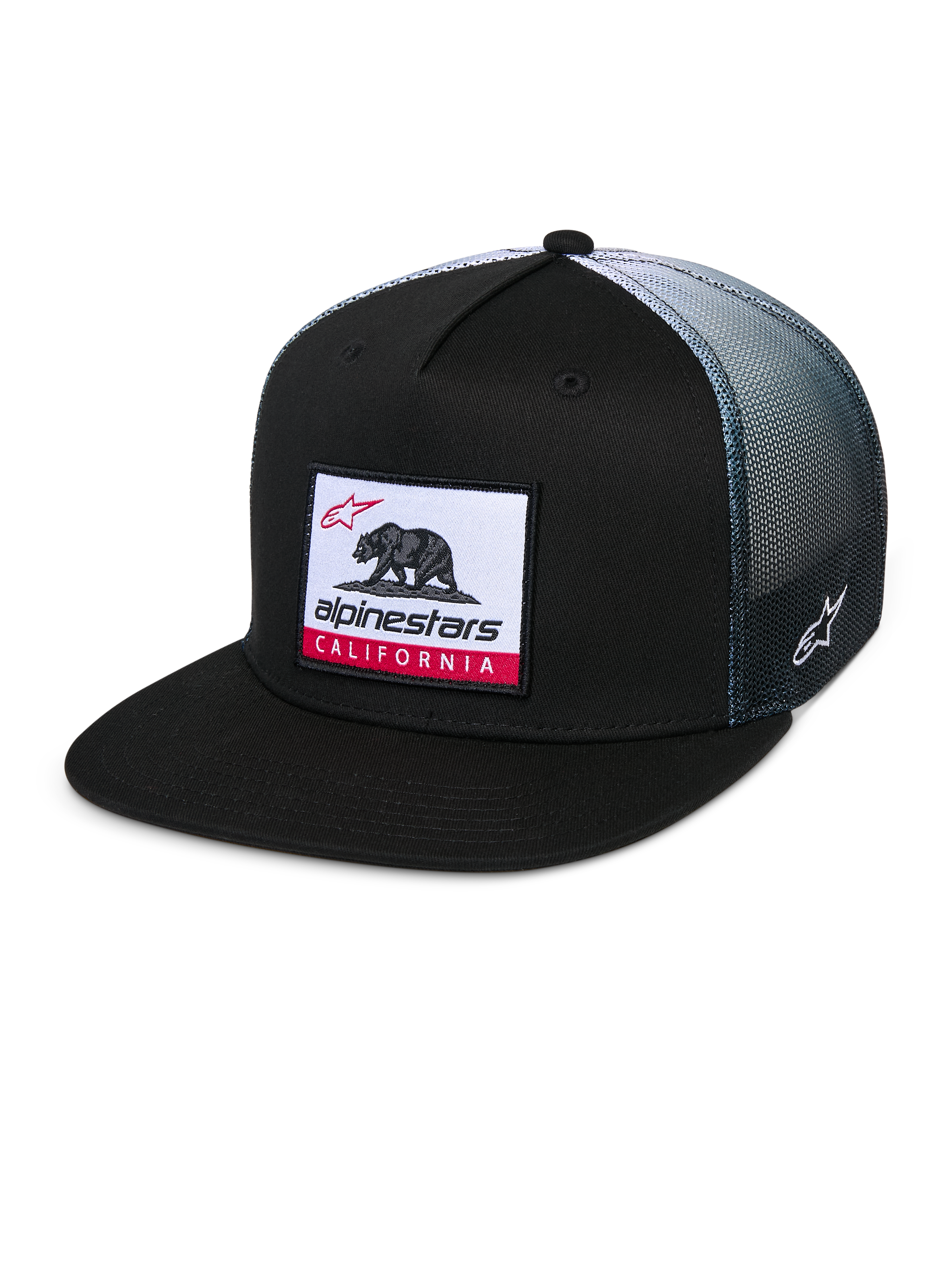 Alpinestars Cali Gradient Trucker Mütze, Trucker-Cap, Schwarz mit grauem Mesh-Rücken mit Farbverlauf, mit gewebtem Cali Bear Logo-Patch und roten Akzenten, flacher Schirm, seitliche Astars Logo-Stickerei, lässige Sportbekleidung