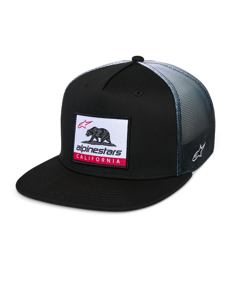 Alpinestars Cali Gradient Trucker Mütze, Trucker-Cap, Schwarz mit grauem Mesh-Rücken mit Farbverlauf, mit gewebtem Cali Bear Logo-Patch und roten Akzenten, flacher Schirm, seitliche Astars Logo-Stickerei, lässige Sportbekleidung