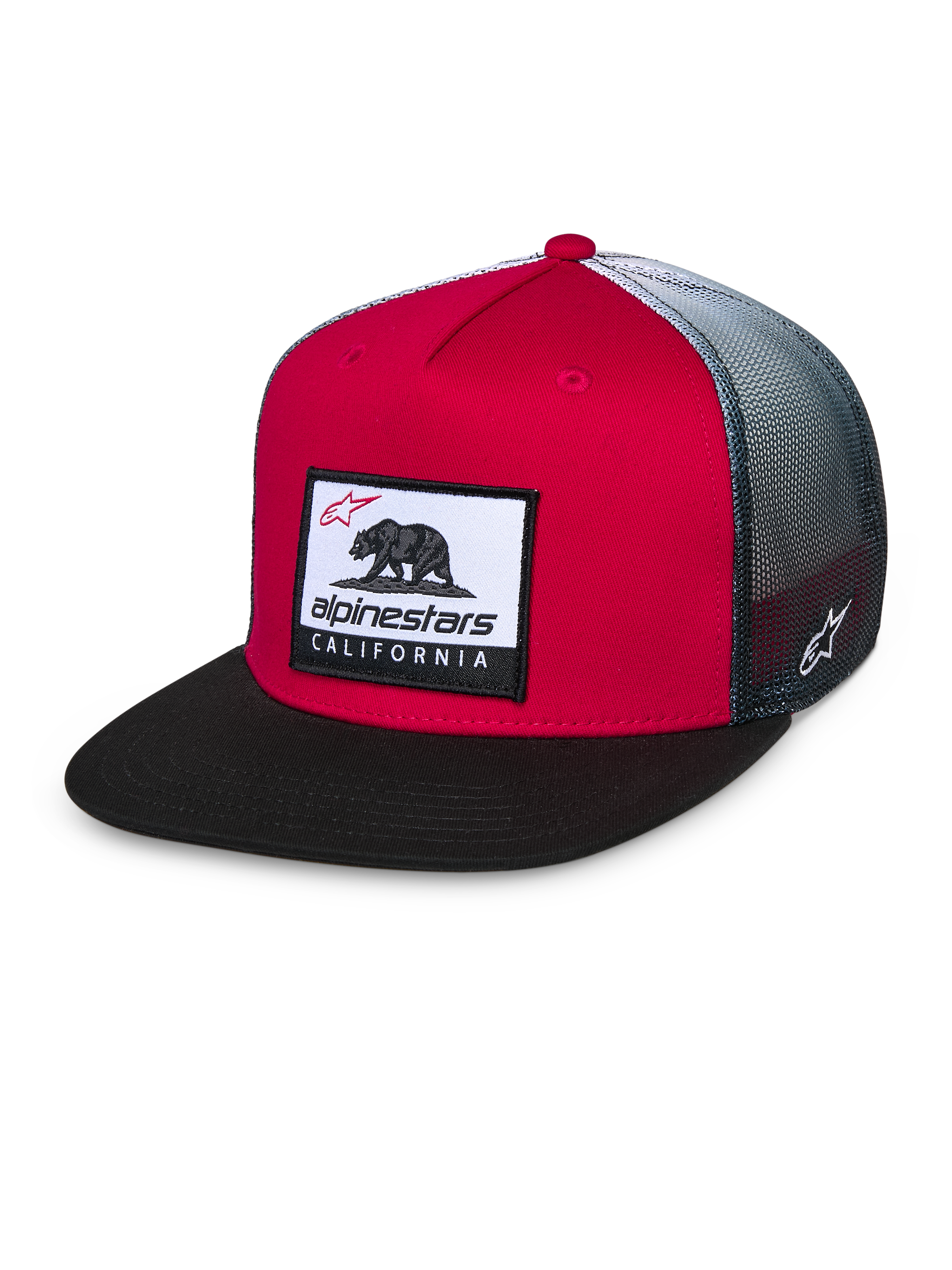 Alpinestars Cali Gradient Trucker-Mütze, Rot, Schwarz und Weiß, strukturierte rote Krone mit flachem schwarzem Schirm, graue Mesh-Rückseite mit Farbverlauf, mit Cali Bear Webaufnäher und seitlicher Logo-Stickerei, lässige Motorsport-Kopfbedeckung