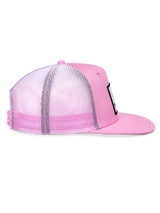 Alpinestars Cali Gradient Trucker Hat, Pink and White, side profile view, flat bill with pink twill front, breathable white to pink gradient mesh back, casual trucker-style snapback cap