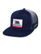 Alpinestars Cali Gradient Trucker Hat, Snapback-Cap, Navy-Blau und Weiß, mit flachem Schirm, gewebtem California-Bär-Patch auf der Vorderseite, Poly-Mesh-Rückseite mit Farbverlauf und seitlicher Astars-Logo-Stickerei
