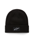 Alpinestars Augment Cuff Beanie, Strickmütze aus Jersey-Strick, Schwarz, mit gewebtem Aufnäher mit weißem Astars-Logo auf dem vorderen Umschlag, lässige Motorsport-Streetwear