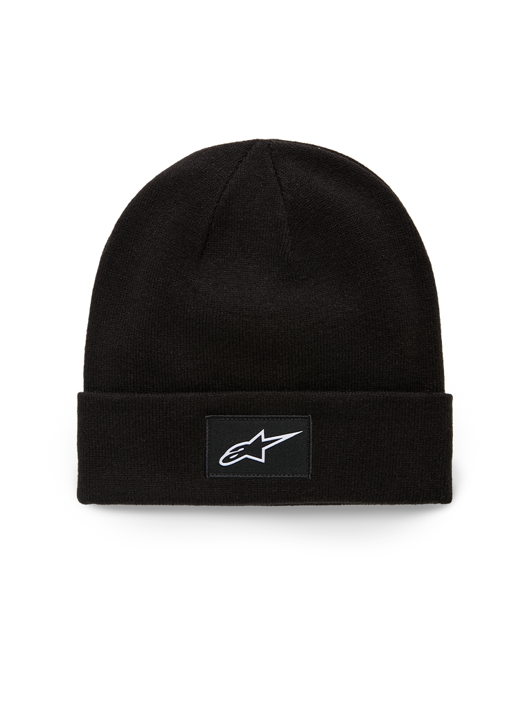 Alpinestars Augment Cuff Beanie, Strickmütze aus Jersey-Strick, Schwarz, mit gewebtem Aufnäher mit weißem Astars-Logo auf dem vorderen Umschlag, lässige Motorsport-Streetwear