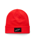 Alpinestars Augment Cuff Beanie, Strickmütze mit Umschlag in Bright Red, mit einem schwarzen gewebten Aufnäher und weißem Astars-Logo, lässige Sportbekleidung