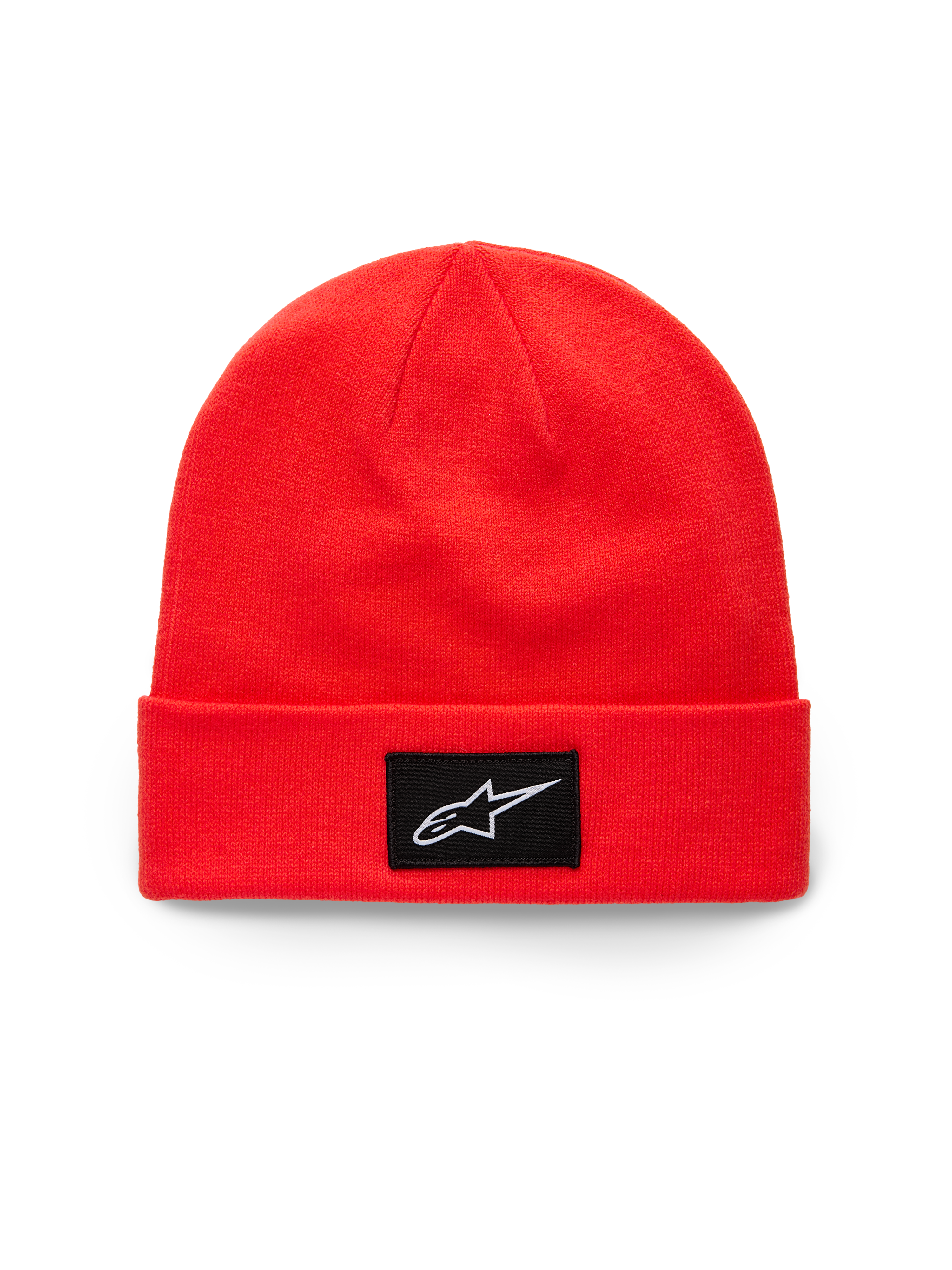 Alpinestars Augment Cuff Beanie, Strickmütze mit Umschlag in Bright Red, mit einem schwarzen gewebten Aufnäher und weißem Astars-Logo, lässige Sportbekleidung