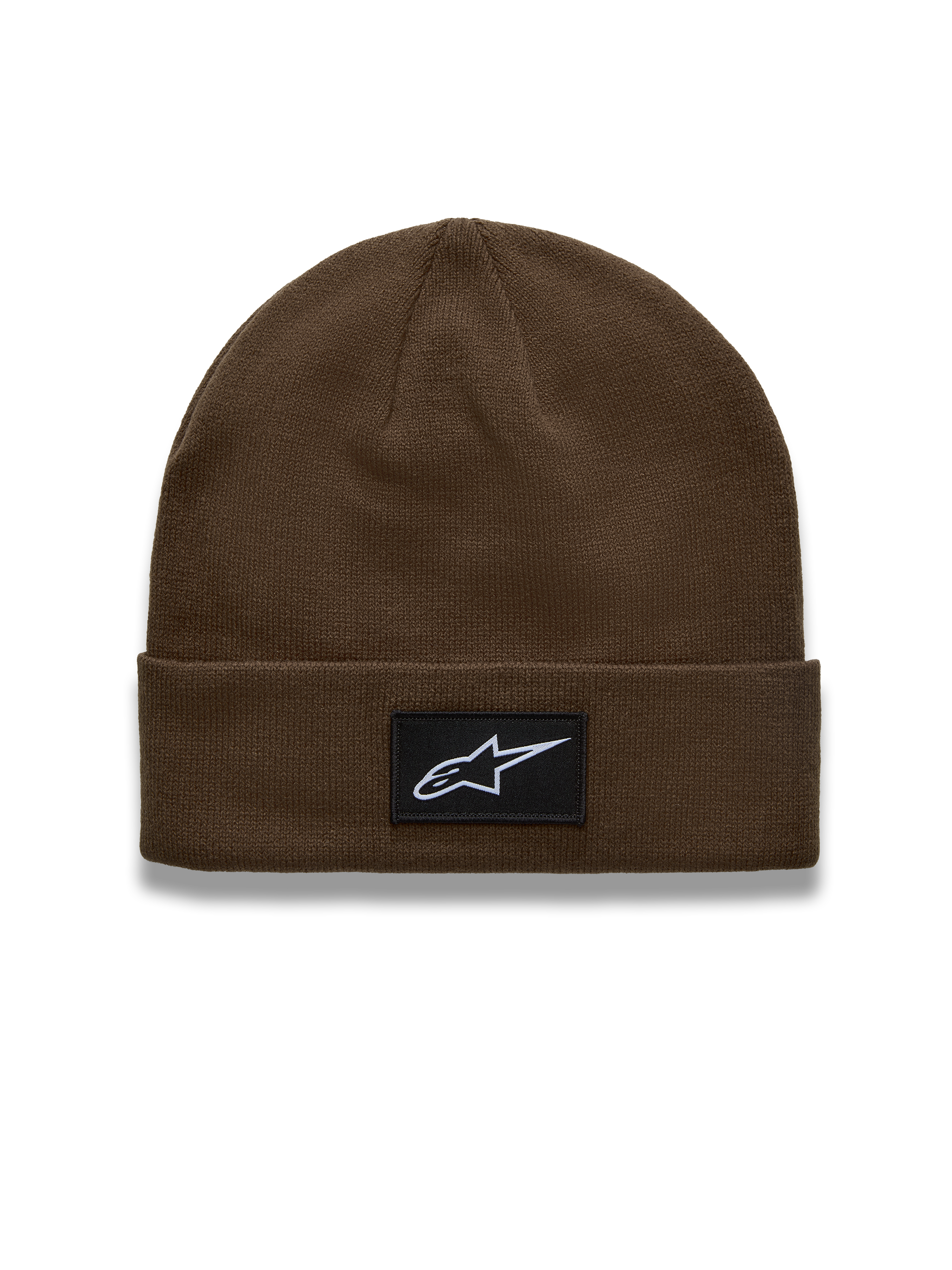 Alpinestars Augment Cuff Mütze, Sportswear-Strickmütze in Braun, mit gewebtem Astars Logo Patch auf dem Umschlag.