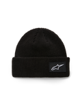 Alpinestars Unload Rib Cuff Beanie, Strickmütze, Schwarz, mit geripptem Umschlag und gewebtem Astars Logo-Aufnäher in Weiß, flache Passform, lässige Sportbekleidung