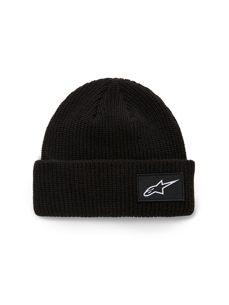 Alpinestars Unload Rib Cuff Beanie, Strickmütze, Schwarz, mit geripptem Umschlag und gewebtem Astars Logo-Aufnäher in Weiß, flache Passform, lässige Sportbekleidung
