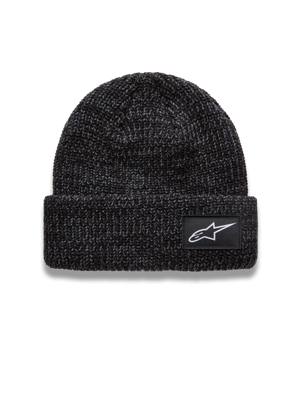 Alpinestars Unload Rib Cuff Mütze, dunkelgrau melierte Sportswear-Strickmütze mit Umschlag und weißem Astar Logo-Patch.