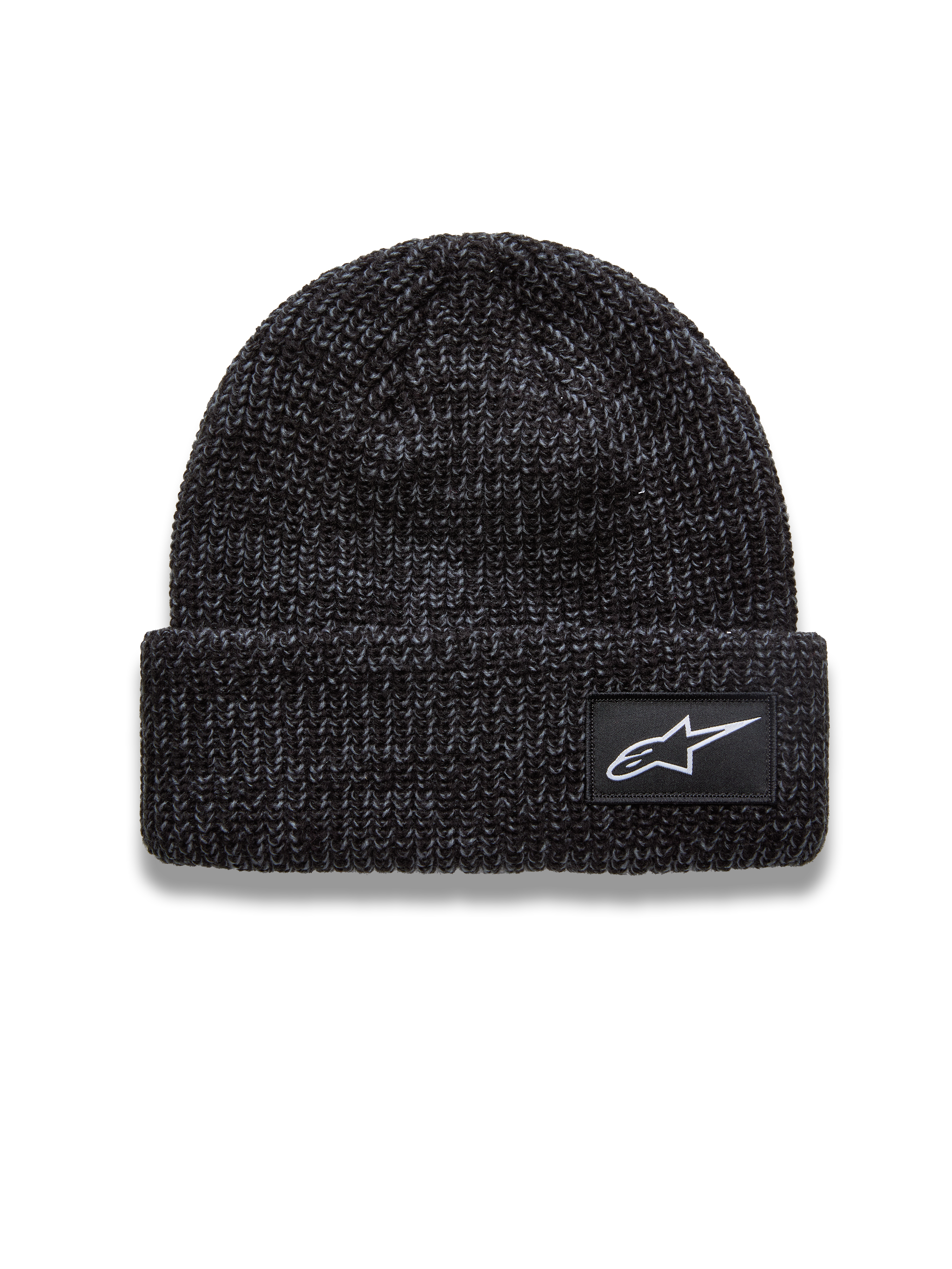 Alpinestars Unload Rib Cuff Mütze, dunkelgrau melierte Sportswear-Strickmütze mit Umschlag und weißem Astar Logo-Patch.