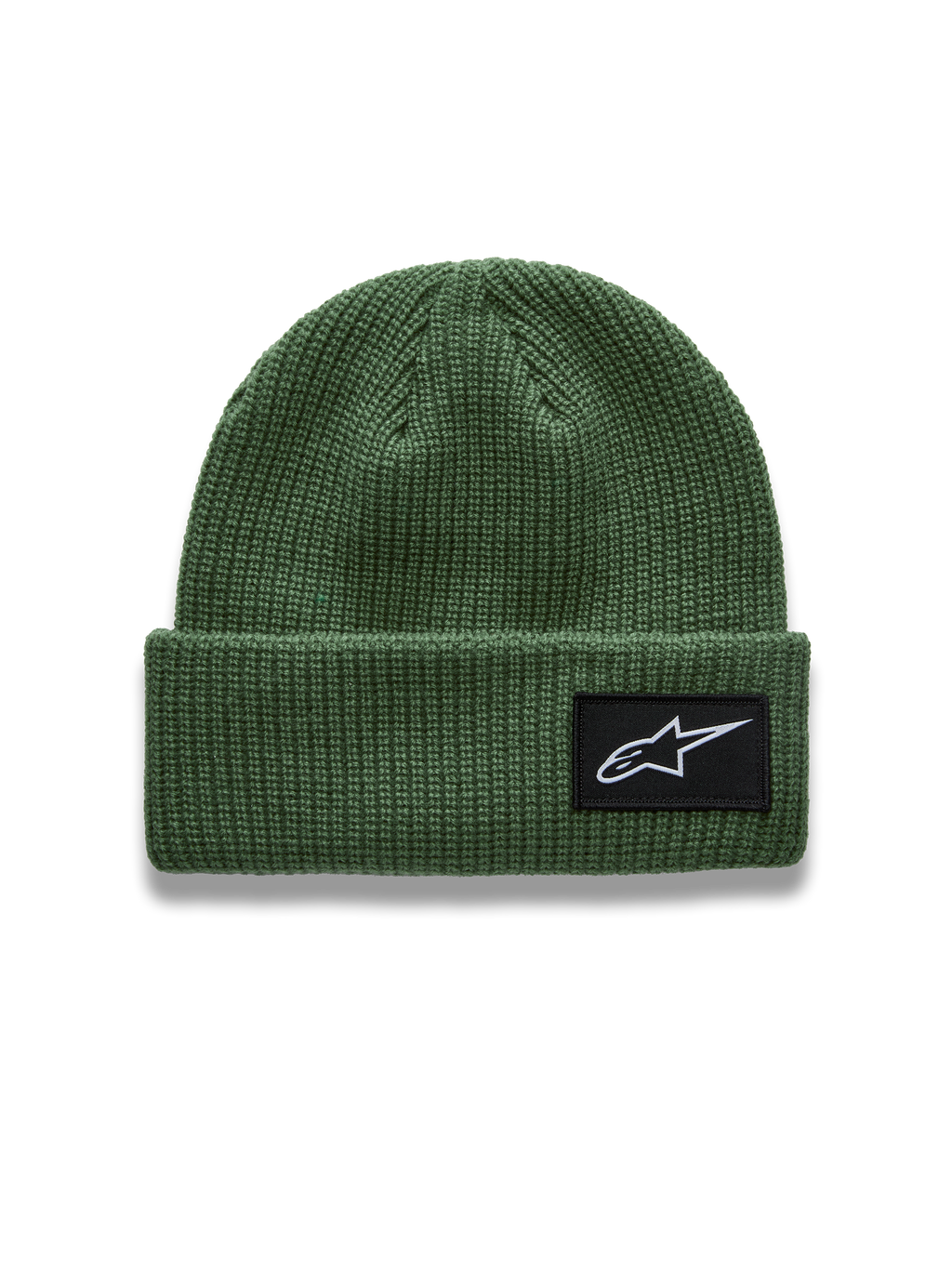Alpinestars Unload Rib Cuff Mütze, grüne Rippstrick-Sportswear-Mütze, gewebter Astars-Logo-Aufnäher auf dem Umschlag.