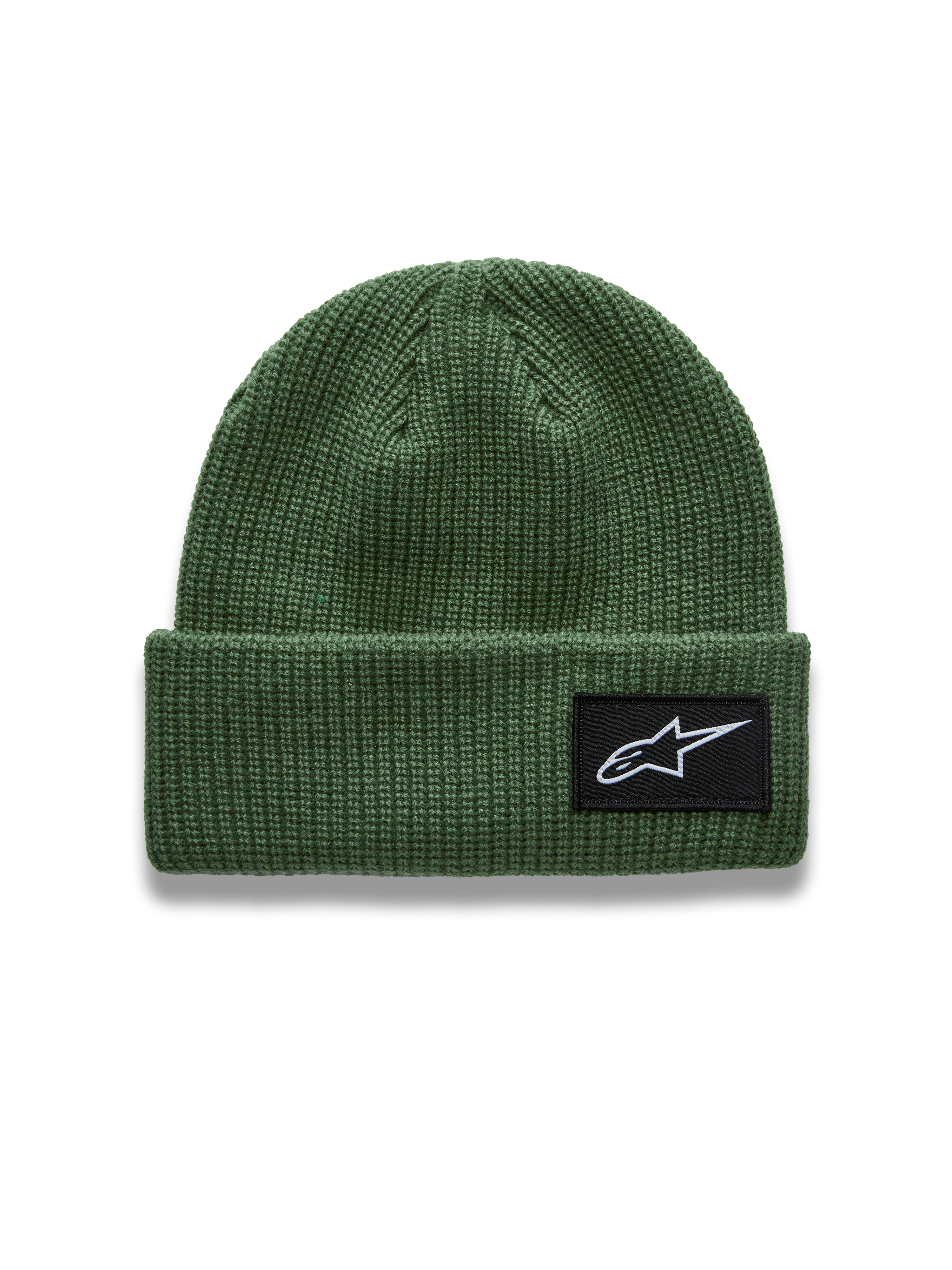 Alpinestars Unload Rib Cuff Mütze, grüne Rippstrick-Sportswear-Mütze, gewebter Astars-Logo-Aufnäher auf dem Umschlag.