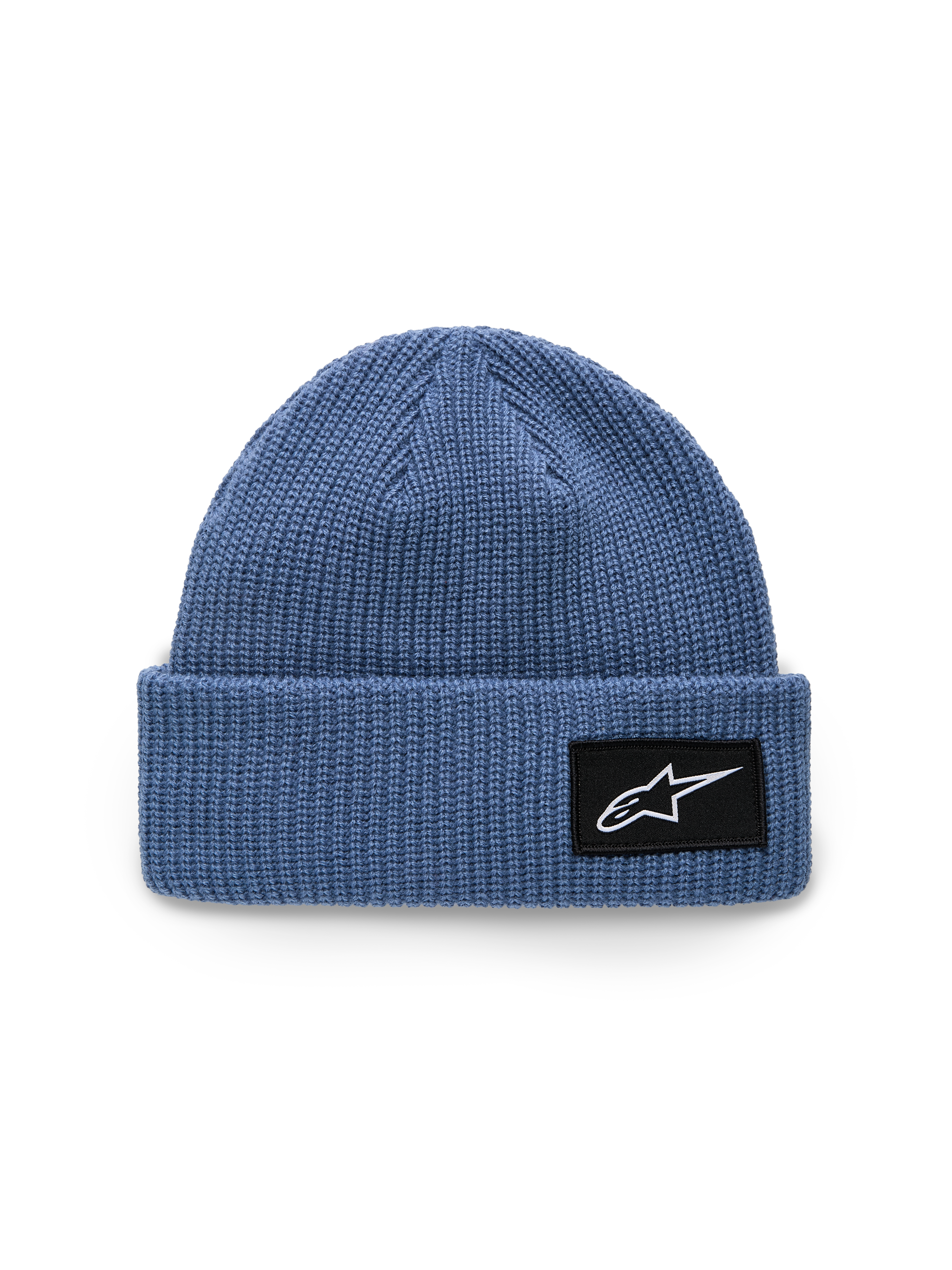 Alpinestars Unload Rib Cuff Beanie, Blau, Strickjersey-Stichkonstruktion, flache Passform mit umgeschlagenem Saum, schwarzer gewebter Aufnäher mit weißem Astars-Logo, lässige Sportbekleidung