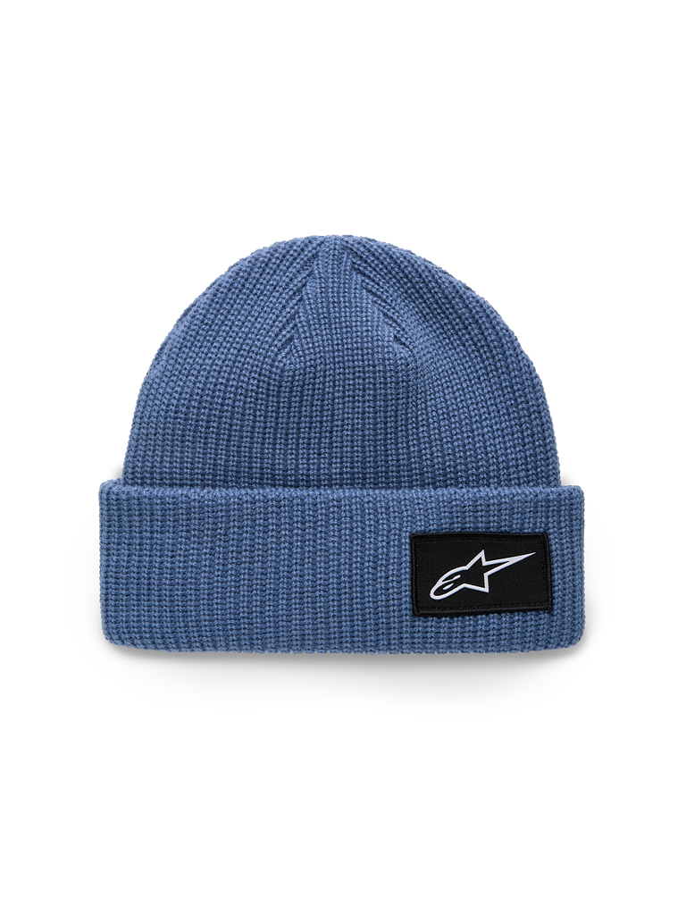Alpinestars Unload Rib Cuff Beanie, Blue, knit jersey stitch construction, shallow fit with folded cuff, black woven patch with white Astars logo, casual sportswear headwear