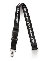 Alpinestars Linear Schlüsselband, Schwarz und Weiß, schwarzes Band mit weißem Alpinestars Wortlogo-Druck, mit schwarzem Kunststoff-Sicherheitsverschluss und Metall-Drehclip, lässiges Sportswear-Accessoire