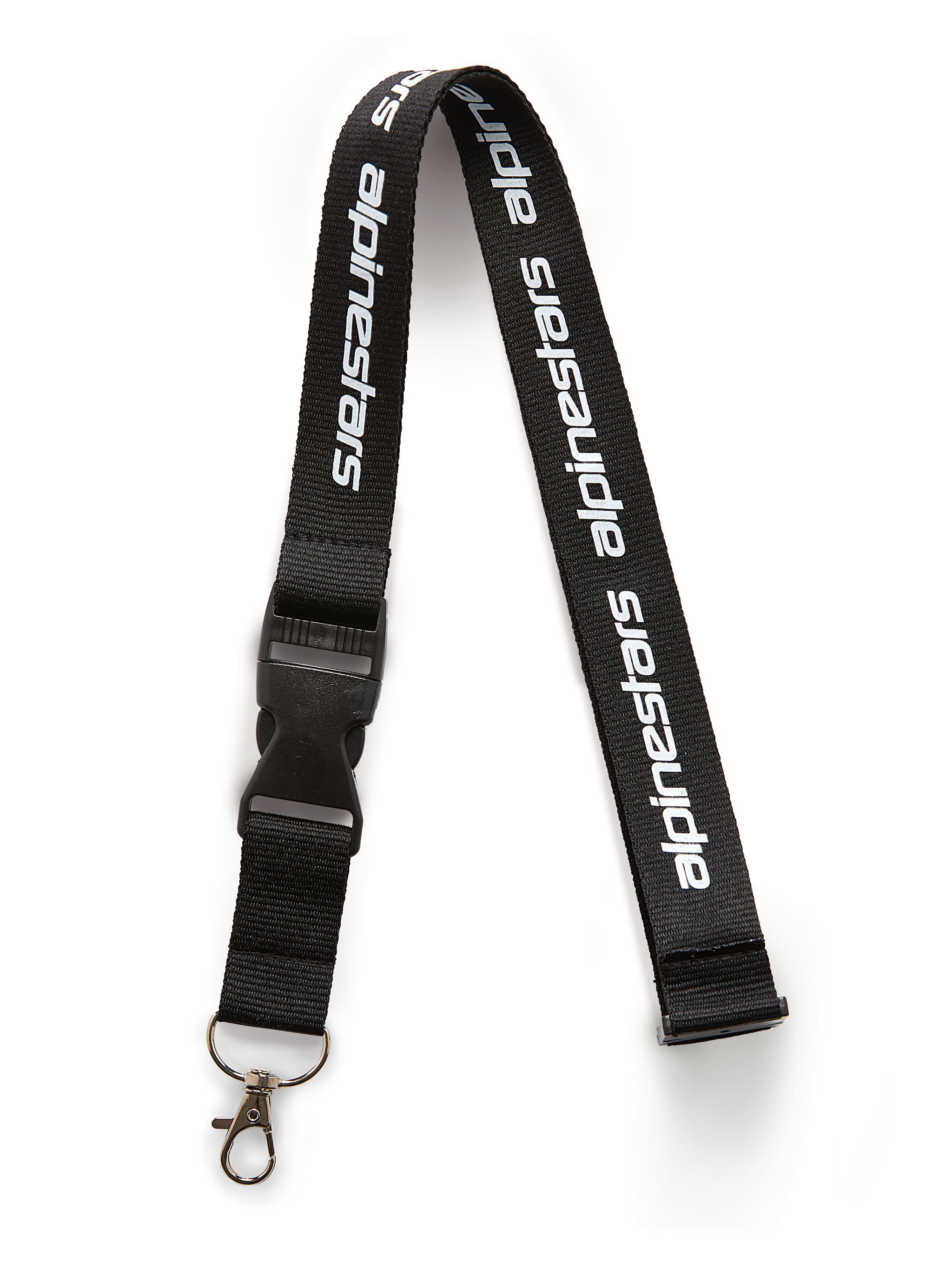 Alpinestars Linear Schlüsselband, Schwarz und Weiß, schwarzes Band mit weißem Alpinestars Wortlogo-Druck, mit schwarzem Kunststoff-Sicherheitsverschluss und Metall-Drehclip, lässiges Sportswear-Accessoire