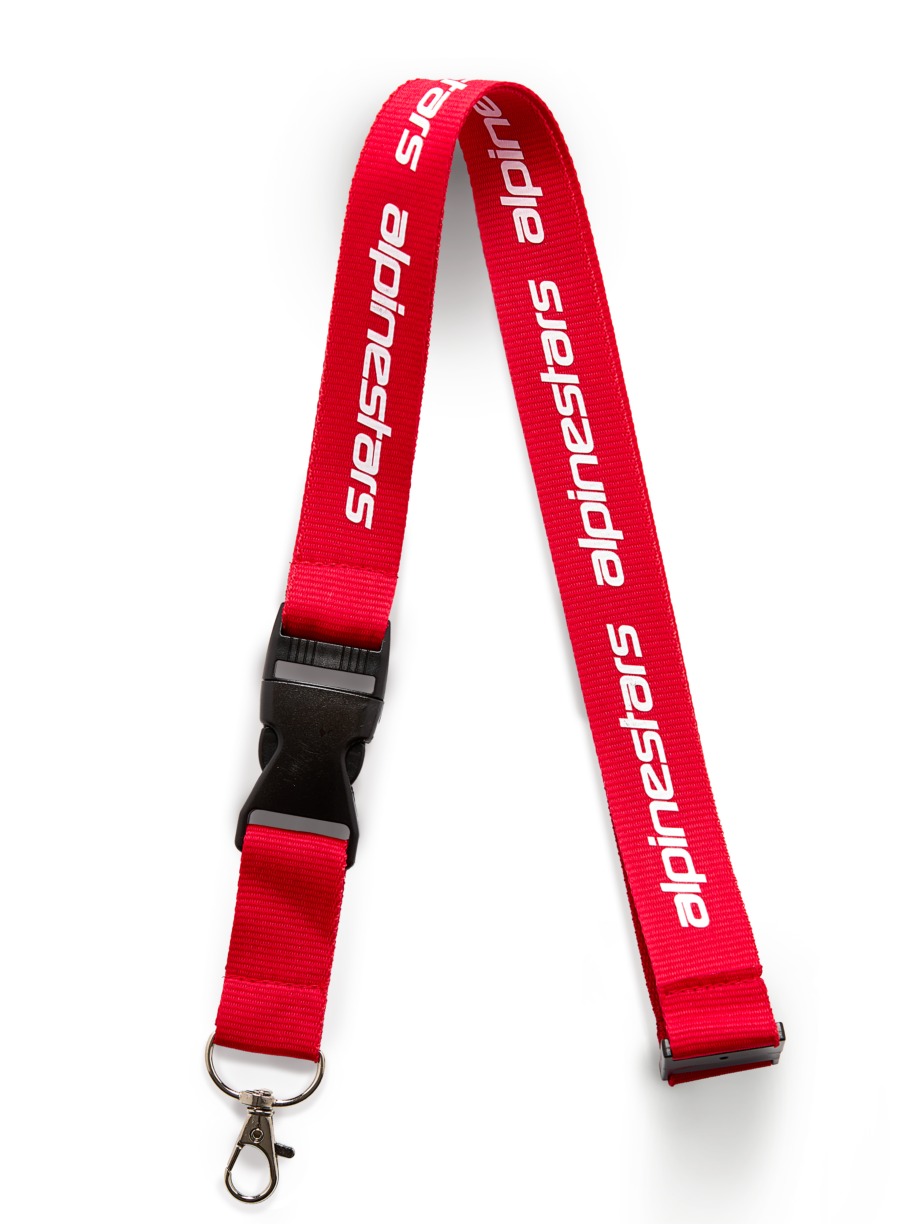 Alpinestars Linear Lanyard, Rot und Weiß, aufgedrucktes Alpinestars Wortlogo, schwarzer Sicherheitsverschluss und abnehmbarer Metalldrehclip, Motorsport-inspiriertes Accessoire