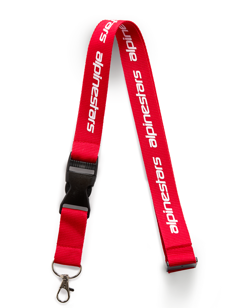 Alpinestars Linear Lanyard, Rot und Weiß, aufgedrucktes Alpinestars Wortlogo, schwarzer Sicherheitsverschluss und abnehmbarer Metalldrehclip, Motorsport-inspiriertes Accessoire