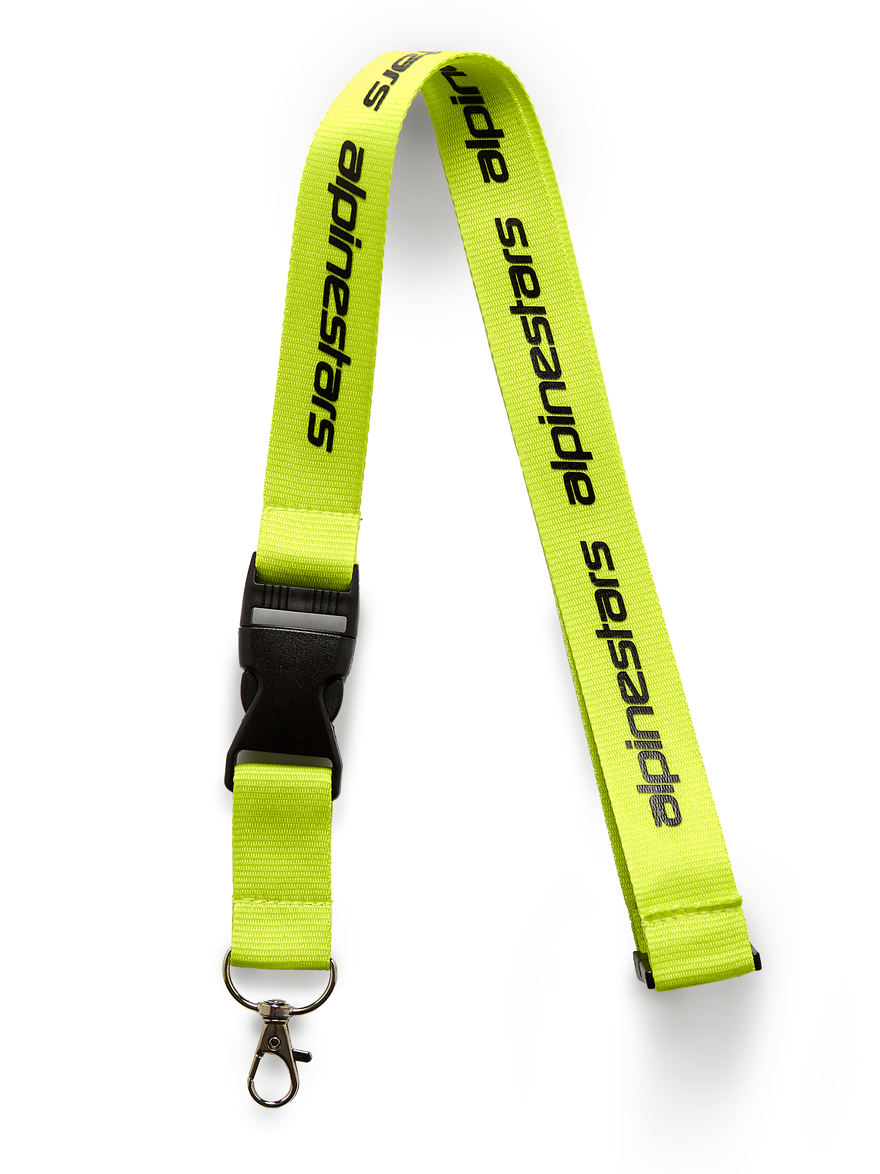 Alpinestars Linear Schlüsselband, Neongelb mit schwarzem Logo-Aufdruck, schwarzer Sicherheitsverschluss aus Kunststoff und Metalldrehclip, 20-Zoll-Nackenriemen aus Polyester, Motorsport-inspiriertes Accessoire