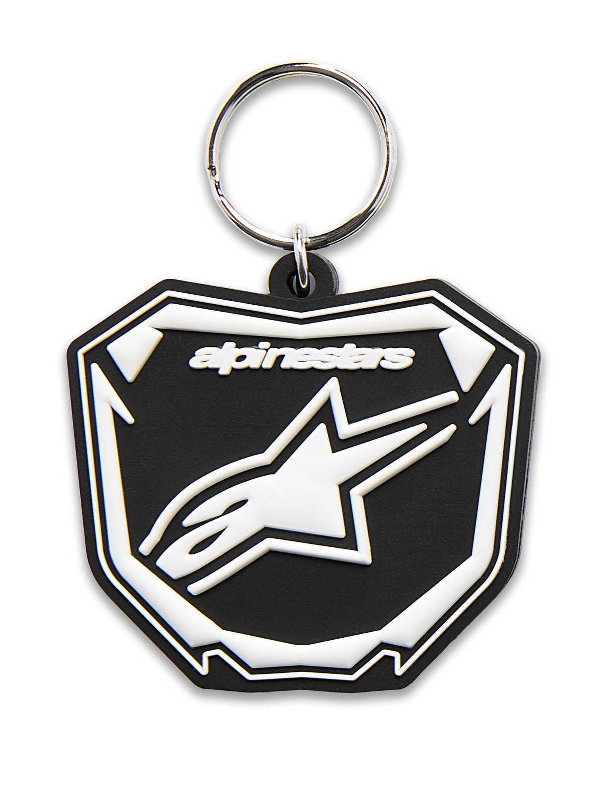 Alpinestars Plate Schlüsselanhänger, 3D-geformter Schlüsselanhänger, Schwarz und Weiß, mit Astars MX-Plattengrafik, weißem Logo und Text, silberner Metall-Schnappring, vom Motorsport inspiriertes Accessoire