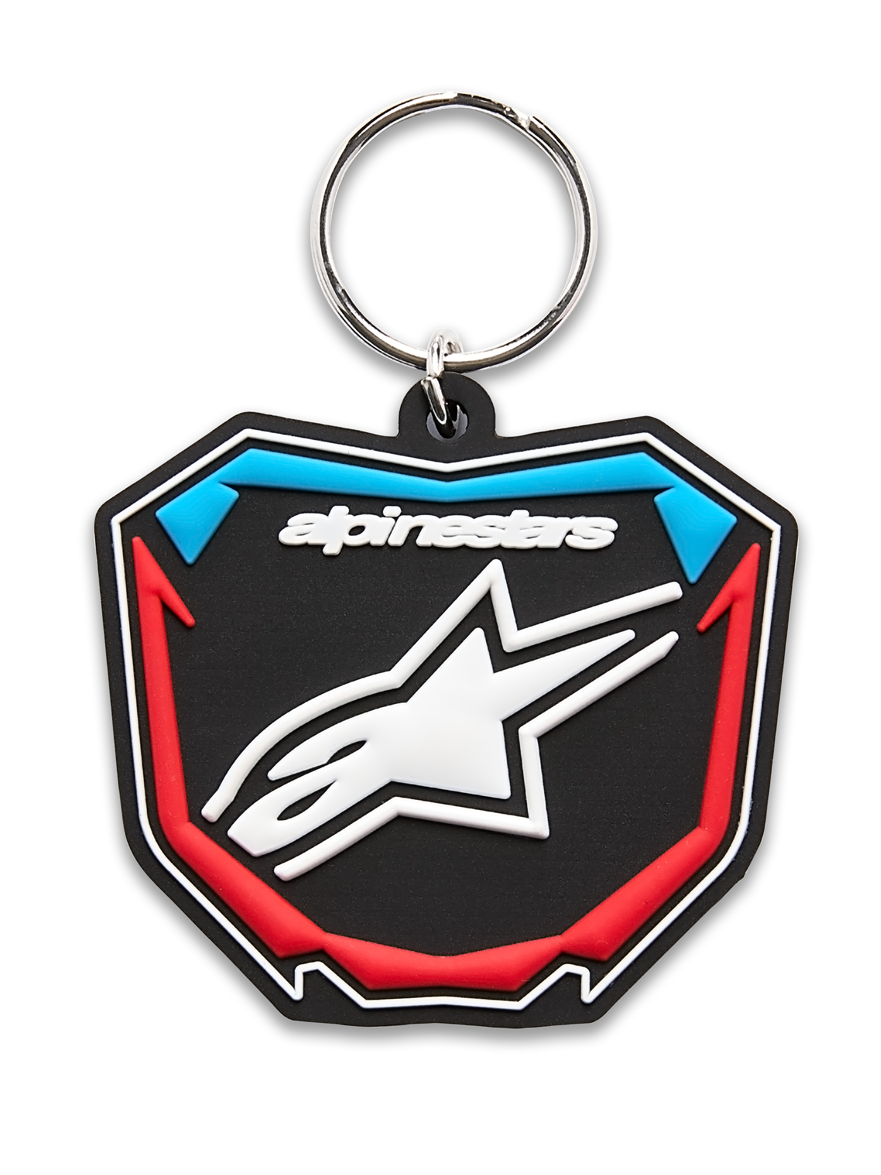 Alpinestars Plate Keyfob, 3D molded keychain, Black Blue and Red, shield-shaped motocross plate design with white star logo and metal ring, casual motorsport accessory