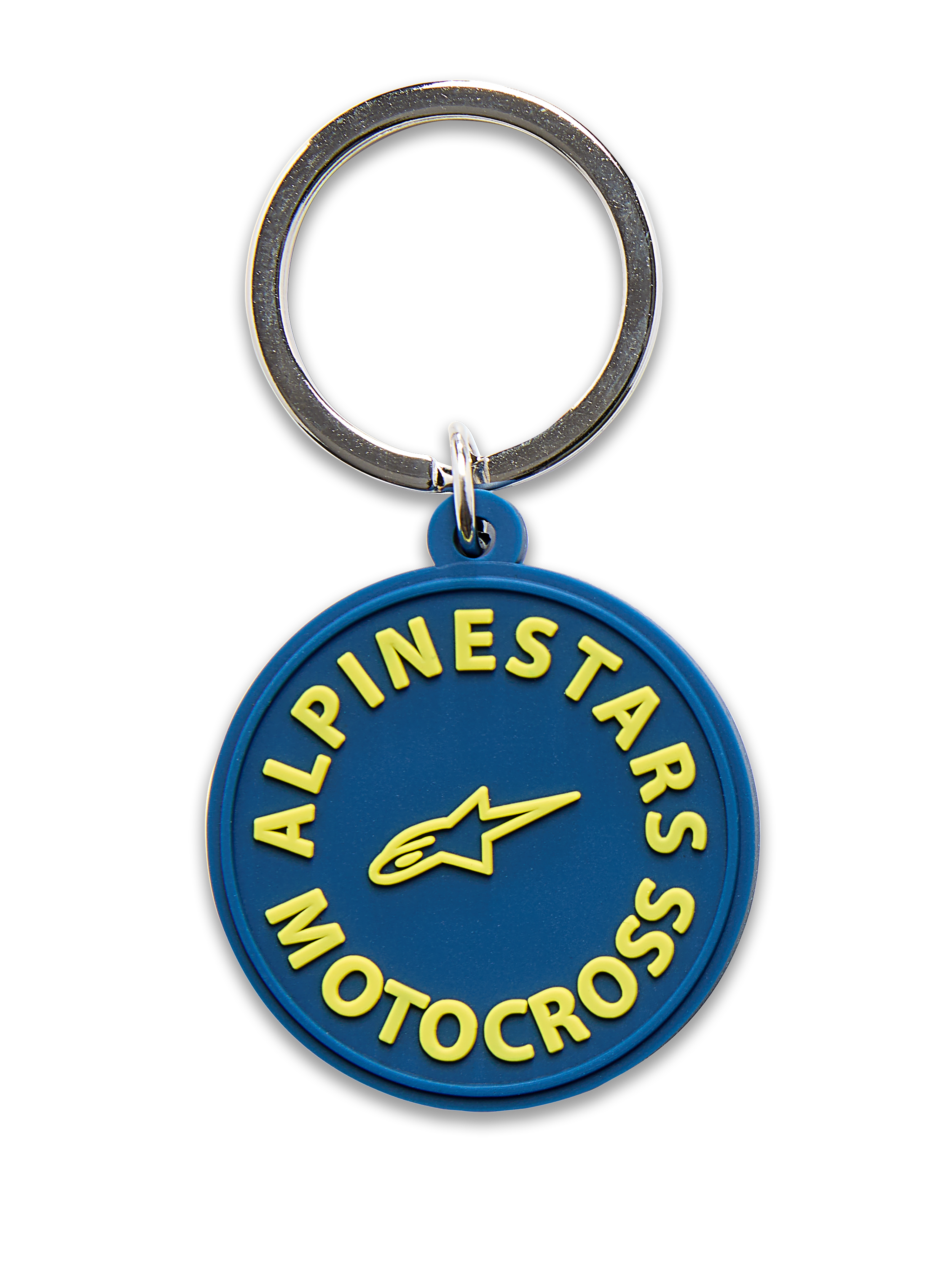 Alpinestars MX Schlüsselanhänger, Marineblau mit Gelb, 3D-geformtes kreisförmiges Design mit gelbem Alpinestars Motocross-Text und Stern-Logo, silberner Metall-Schnappring, vom Motorsport inspiriertes Accessoire