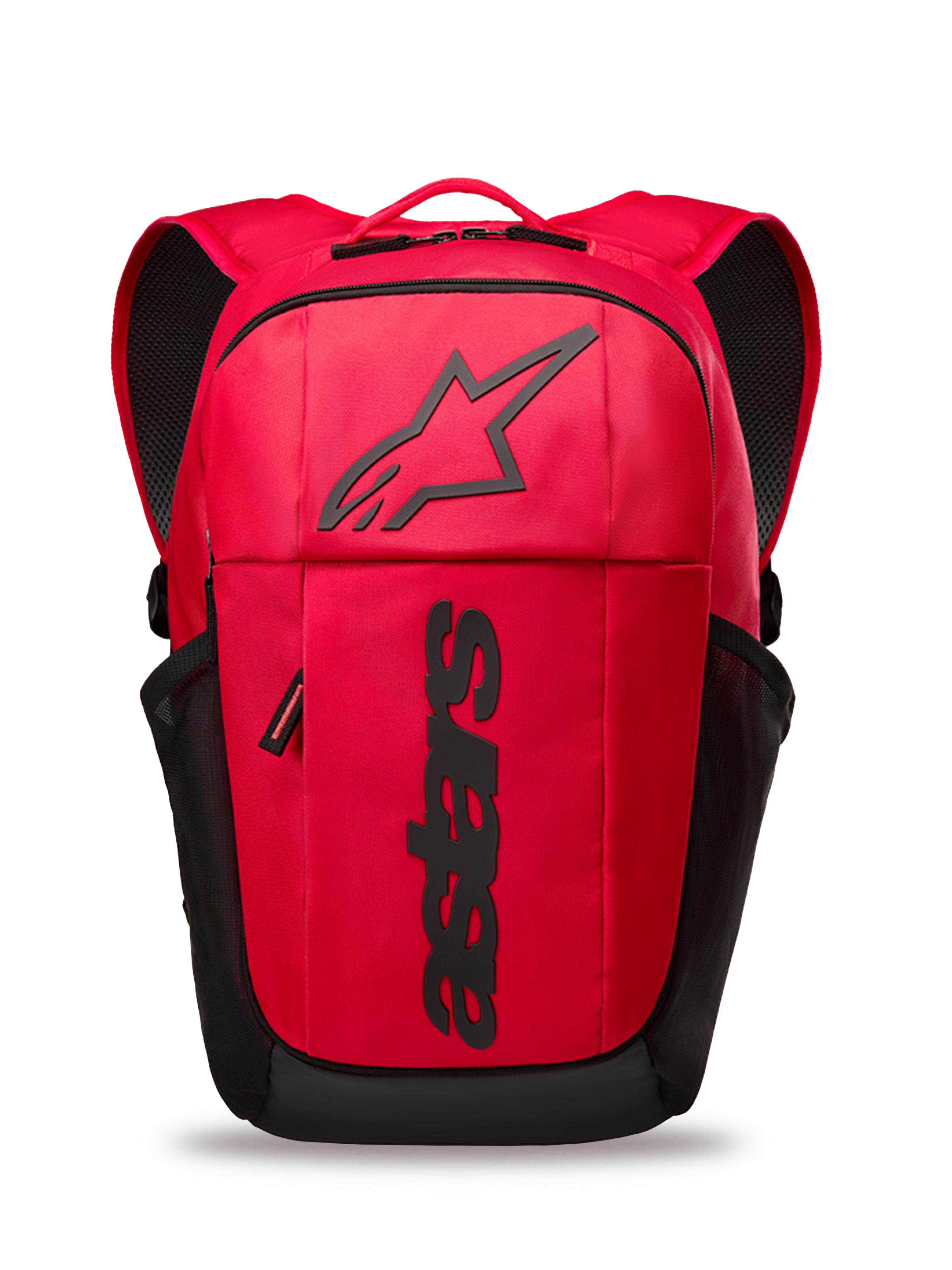 Alpinestars GFX Boss Rucksack, roter und schwarzer Tagesrucksack, 20 Liter Kapazität, mit erhabenem schwarzem Silikon-Astars-Logo und vertikalem Branding, seitlichen Netztaschen, gepolsterten Air-Mesh-Gurten, robuste Konstruktion aus 600D Polyester