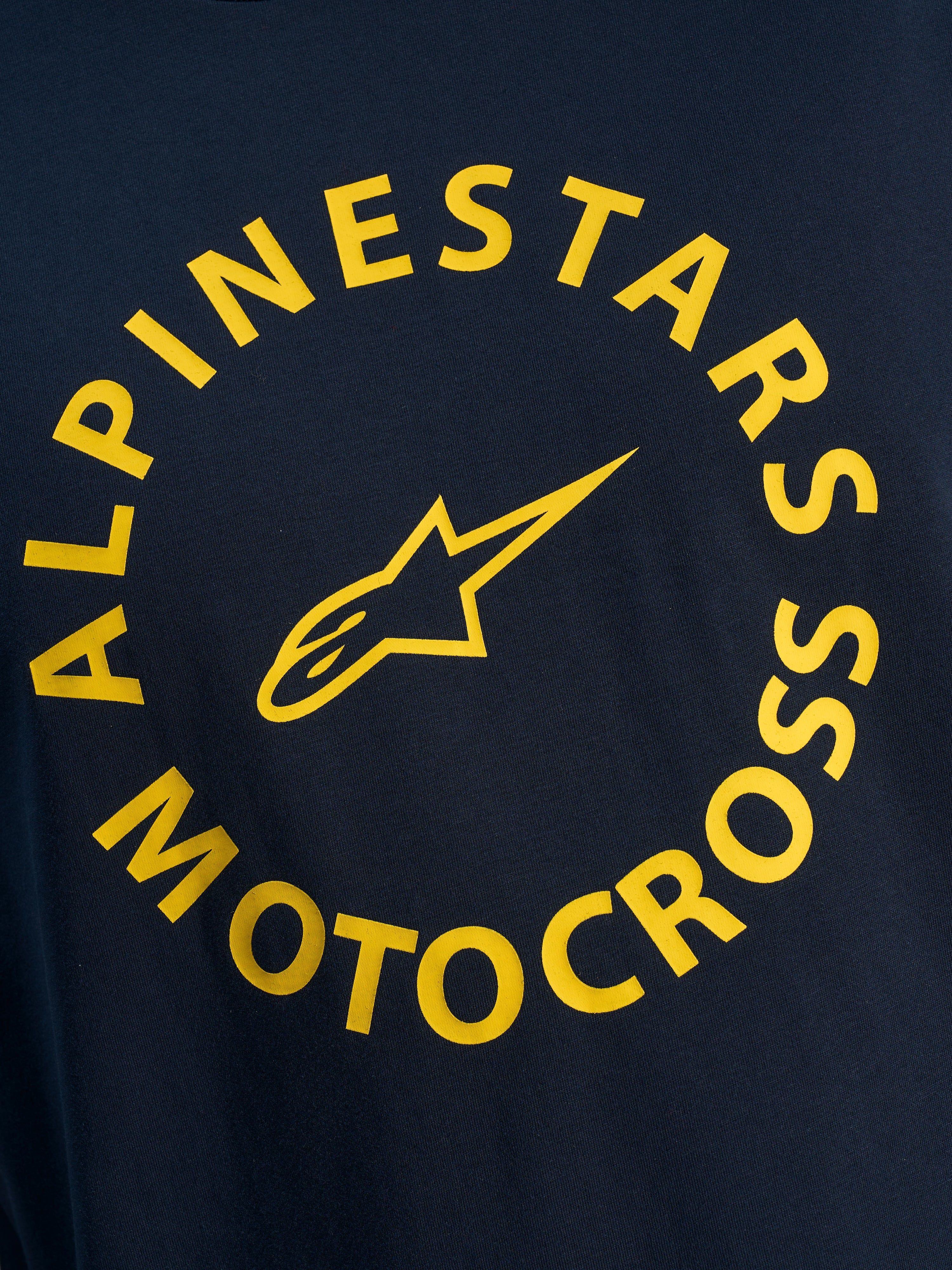 Alpinestars MX CSF T-Shirt, Kurzarm-T-Shirt, Navyblau, gelbe kreisförmige Alpinestars Motocross-Grafik mit Stern-Logo, lässige Motorsport-Streetwear