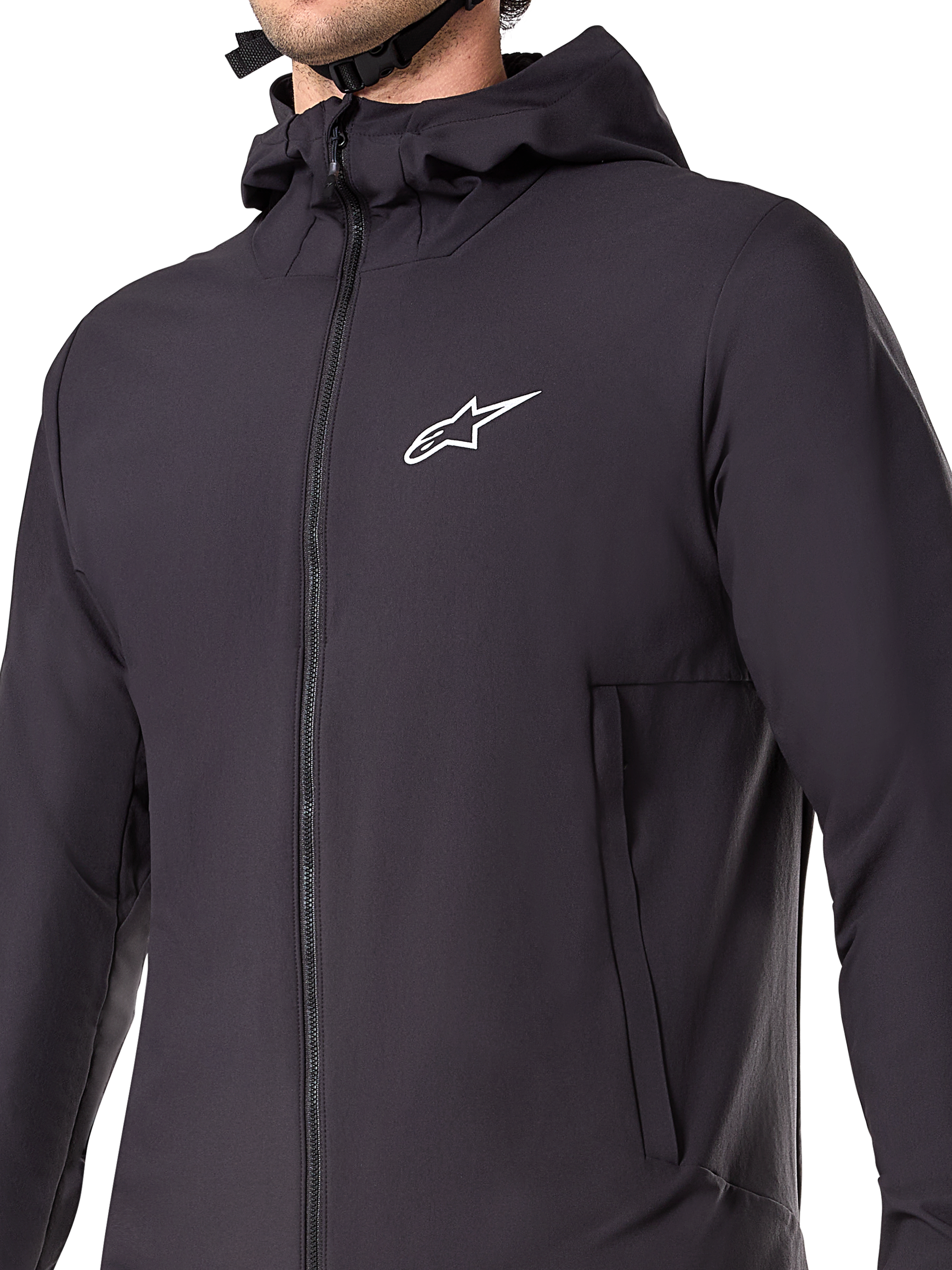 Alpinestars A-Dura Thermal Jacket, Black Mountain Bike Jacket, detail shot of the insulated technical fabric, lightweight and breathable design for cold-weather off-road cycling