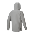 Alpinestars A-Dura Thermojacke, isolierte Radsportjacke, Titanium Grau, Rückansicht mit aufgesetzter Kapuze, minimalistisches Design mit kleinem Logo-Detail am unteren Rücken, leichte Wärmeleistung für das Mountainbiken.