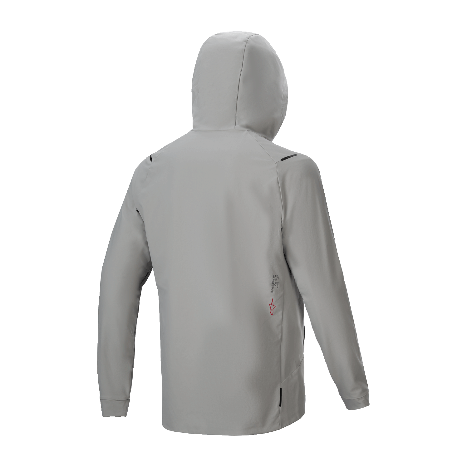 Alpinestars A-Dura Thermojacke, isolierte Radsportjacke, Titanium Grau, Rückansicht mit aufgesetzter Kapuze, minimalistisches Design mit kleinem Logo-Detail am unteren Rücken, leichte Wärmeleistung für das Mountainbiken.