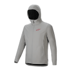 Alpinestars A-Dura Thermojacke, hellgraue Titanium-Fahrradjacke mit isolierter Kapuze, rotem Brust-Logo und durchgehendem Front-Reißverschluss, technische Mountainbike-Ausrüstung für Schutz bei kaltem Wetter.
