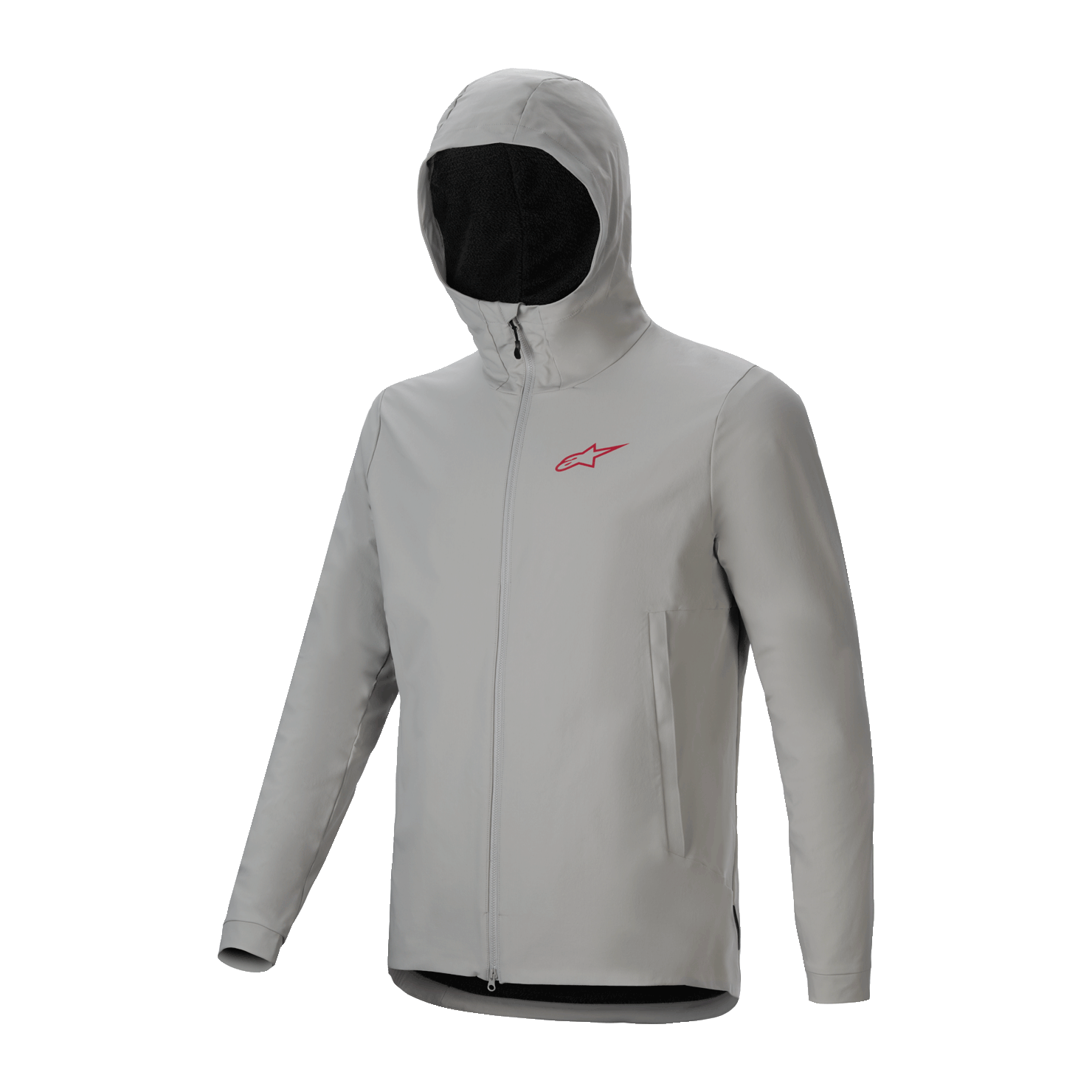 Alpinestars A-Dura Thermojacke, hellgraue Titanium-Fahrradjacke mit isolierter Kapuze, rotem Brust-Logo und durchgehendem Front-Reißverschluss, technische Mountainbike-Ausrüstung für Schutz bei kaltem Wetter.