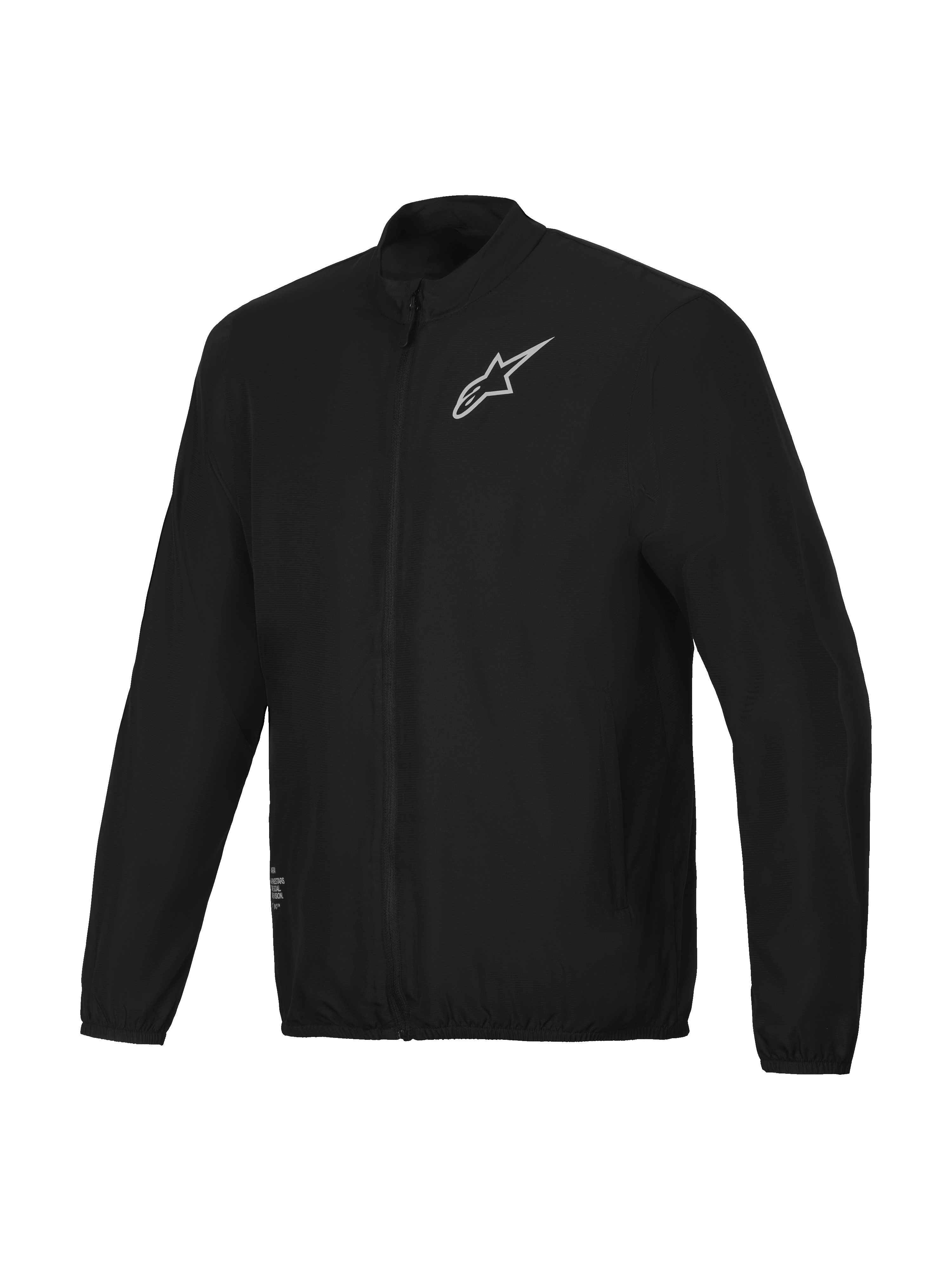 Alpinestars A-Aria Windbreaker Jacket, lightweight men's mountain biking and cycling wind-resistant jacket in Black, full-zip with mock neck and signature logo branding