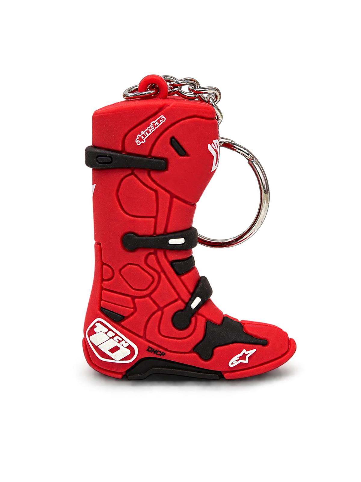 Alpinestars Tech 10 Boot Schlüsselanhänger, Motocross-Schlüsselanhänger, Rot und Schwarz, 3D-Miniaturnachbildung mit Metall-Schnappring