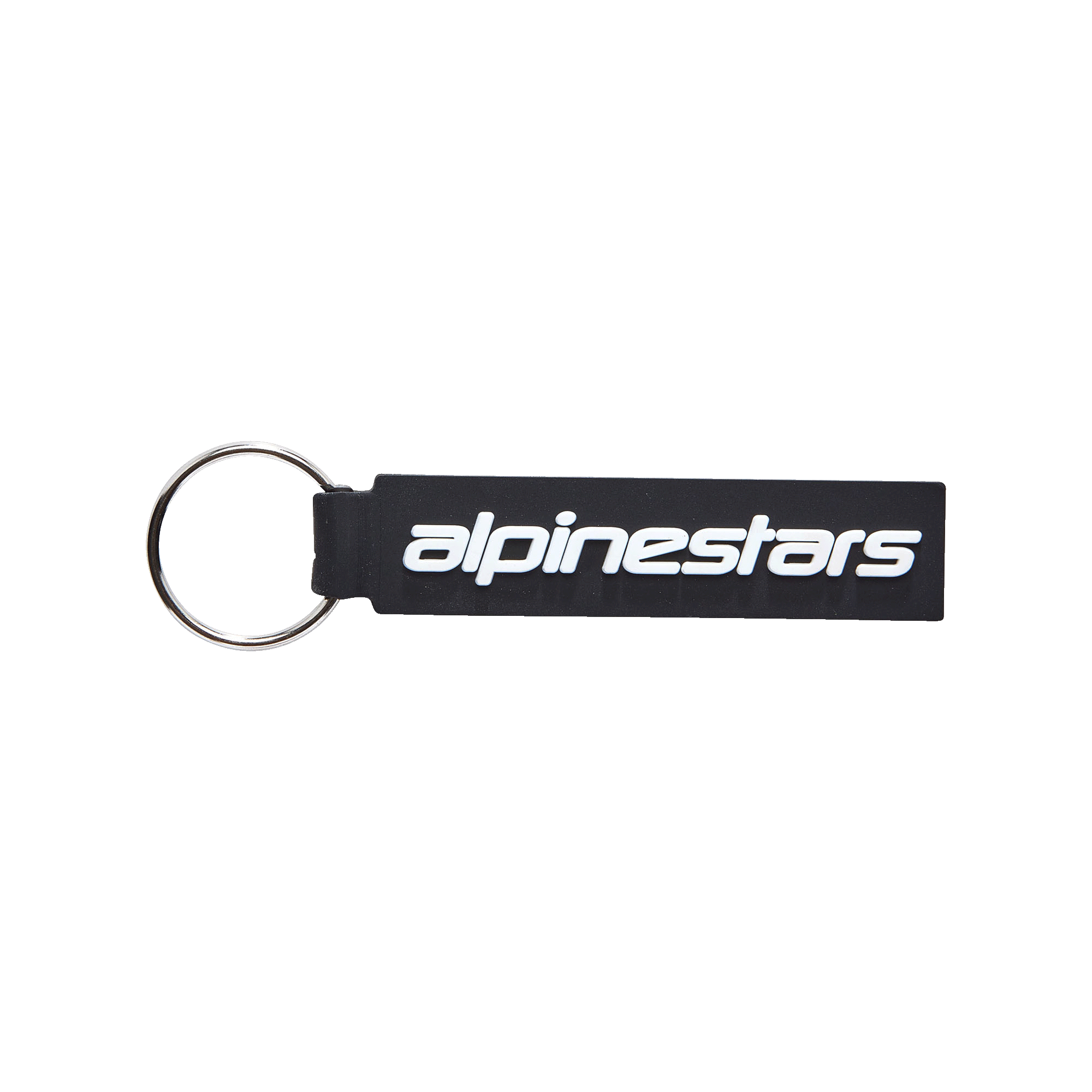 Alpinestars Linear Key Fob, Black rectangular keychain with white Alpinestars logo, silver metal ring, premium 3D molded PVC construction, motorsport-inspired accessory
