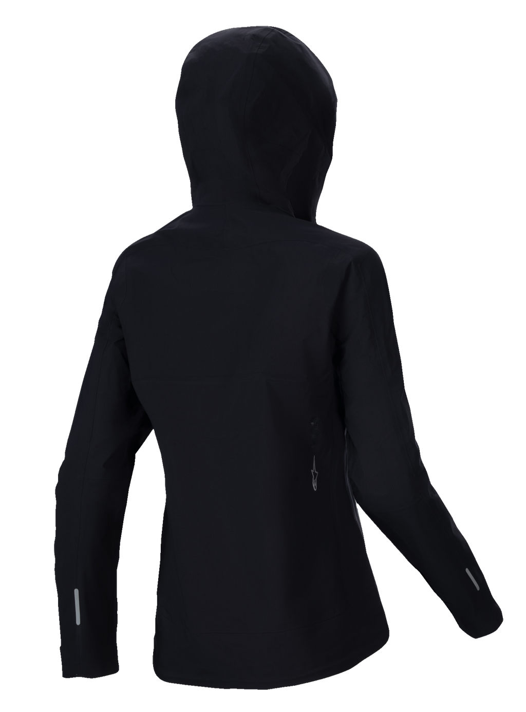 Alpinestars Stella A-Dura Elite Wasserdichte Jacke, Damen MTB-Regenjacke, Schwarz, Rückansicht mit über den Helm passender Kapuze, reflektierende Akzente an Ärmeln und unterem Rücken, strapazierfähiges Ripstop-Textil für Trail-Fahrten bei jedem Wetter