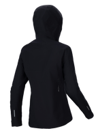 Alpinestars Stella A-Dura Elite Wasserdichte Jacke, Damen MTB-Regenjacke, Schwarz, Rückansicht mit über den Helm passender Kapuze, reflektierende Akzente an Ärmeln und unterem Rücken, strapazierfähiges Ripstop-Textil für Trail-Fahrten bei jedem Wetter