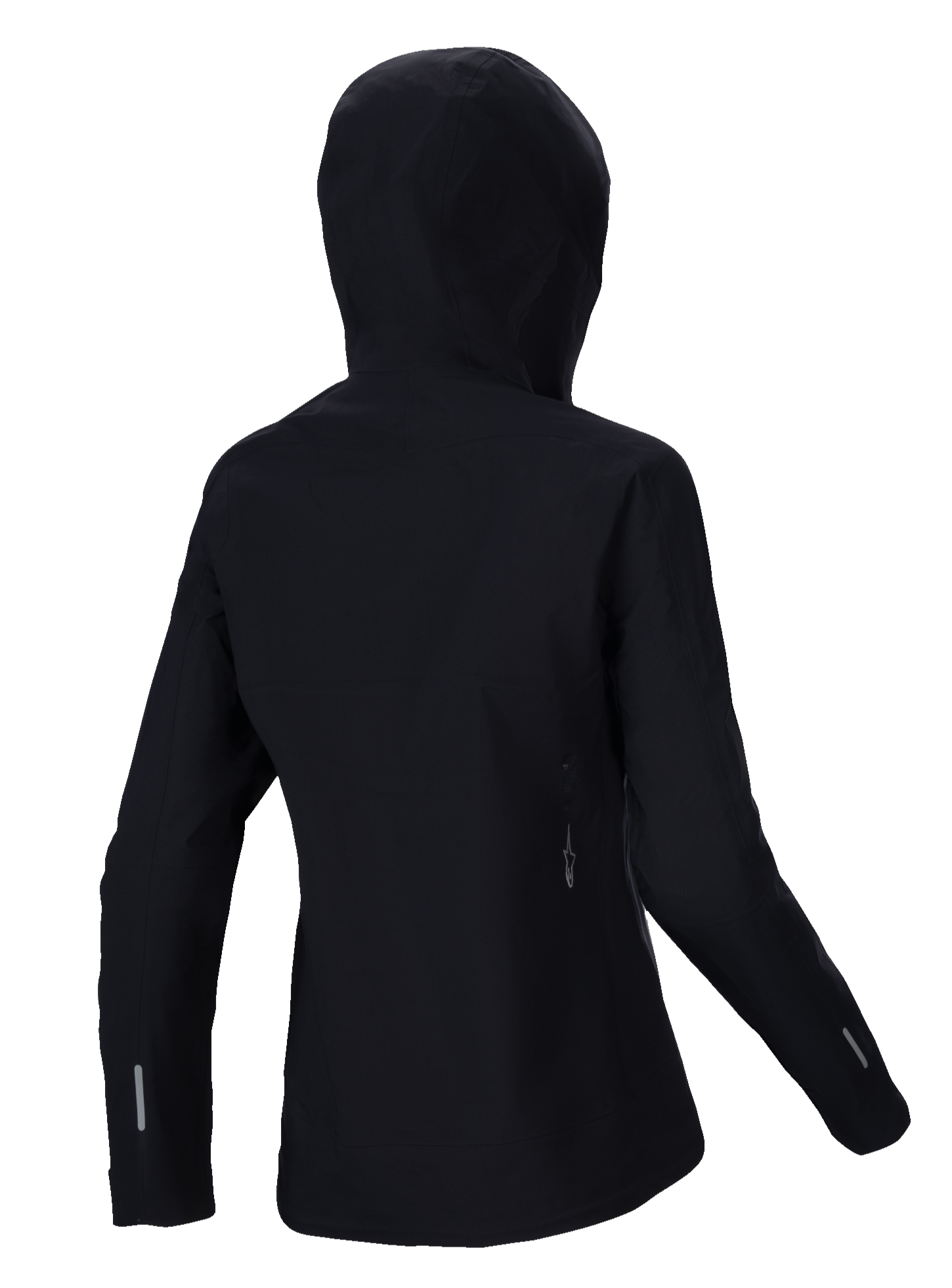 Alpinestars Stella A-Dura Elite Wasserdichte Jacke, Damen MTB-Regenjacke, Schwarz, Rückansicht mit über den Helm passender Kapuze, reflektierende Akzente an Ärmeln und unterem Rücken, strapazierfähiges Ripstop-Textil für Trail-Fahrten bei jedem Wetter