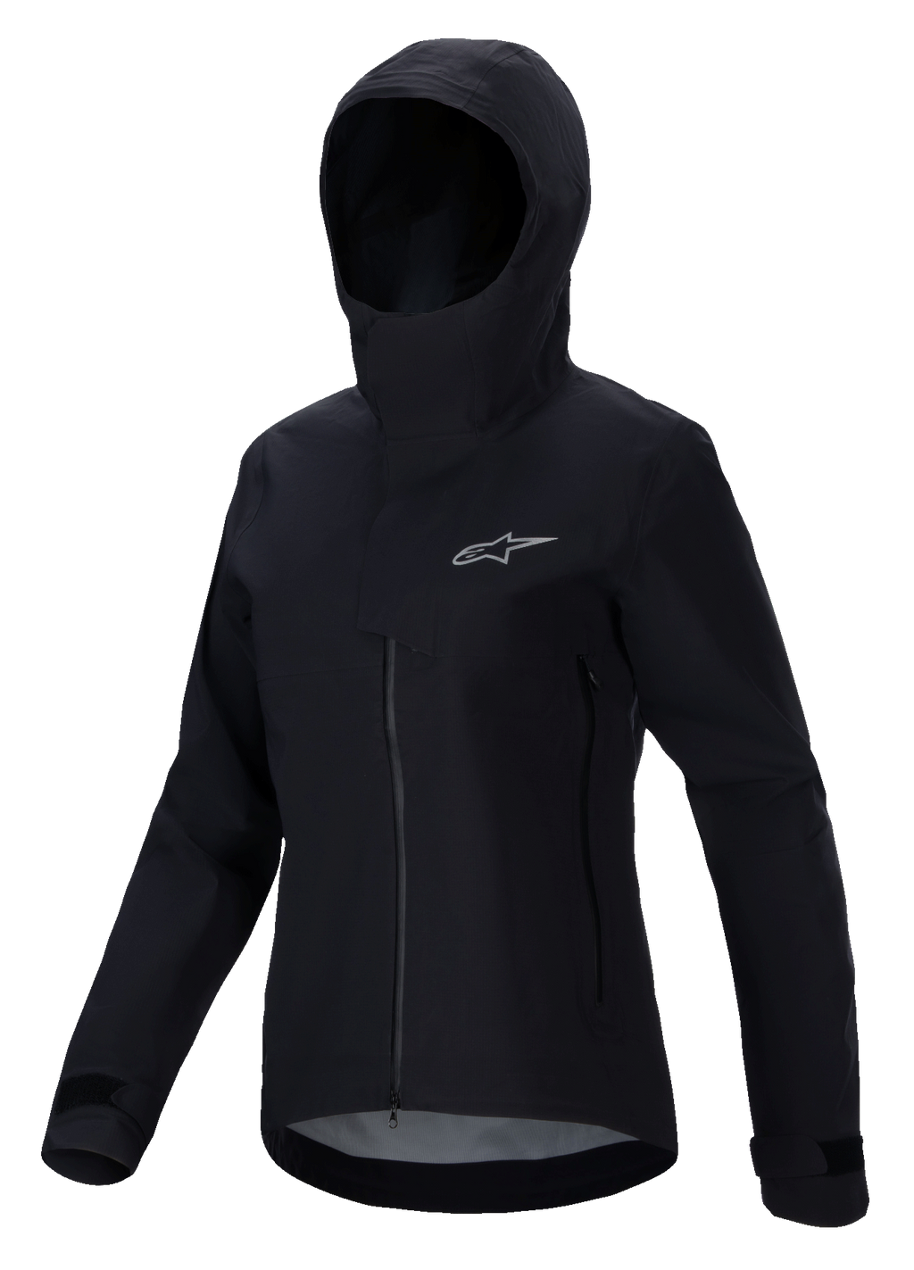 Alpinestars Stella A-Dura Elite Wasserdichte Jacke, Damen-Mountainbike-Jacke, Schwarz, mit Kapuze und schützender Sturmklappe, Frontreißverschluss, seitlichen Reißverschlusstaschen und verstellbaren Klettverschluss-Manschetten, technisches wasserdichtes Material mit silbernem Logo auf der Brust
