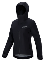 Alpinestars Stella A-Dura Elite Wasserdichte Jacke, Damen-Mountainbike-Jacke, Schwarz, mit Kapuze und schützender Sturmklappe, Frontreißverschluss, seitlichen Reißverschlusstaschen und verstellbaren Klettverschluss-Manschetten, technisches wasserdichtes Material mit silbernem Logo auf der Brust