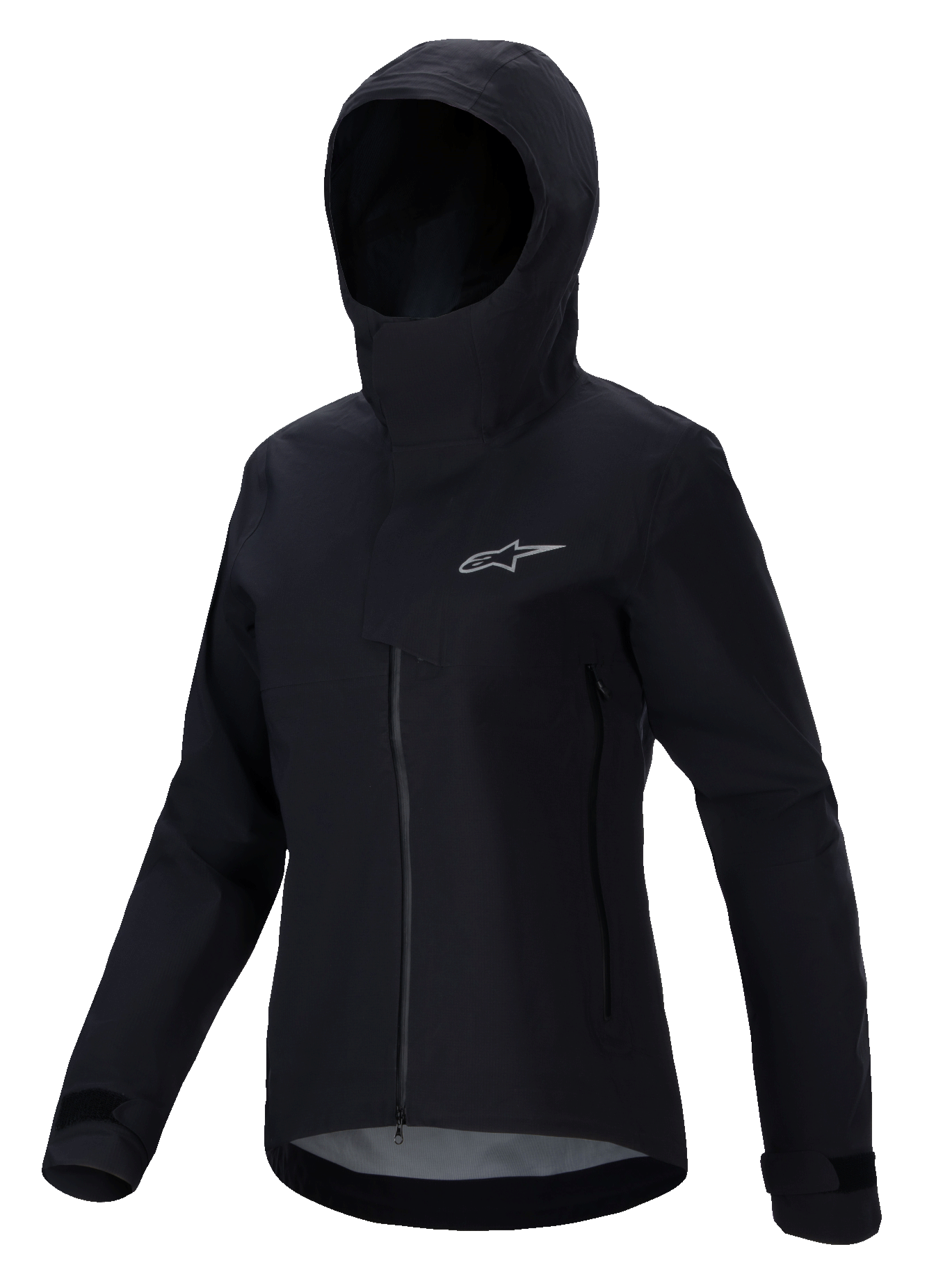 Alpinestars Stella A-Dura Elite Wasserdichte Jacke, Damen-Mountainbike-Jacke, Schwarz, mit Kapuze und schützender Sturmklappe, Frontreißverschluss, seitlichen Reißverschlusstaschen und verstellbaren Klettverschluss-Manschetten, technisches wasserdichtes Material mit silbernem Logo auf der Brust