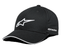 Alpinestars Rostrum Kappe, Schwarze Baseball-Kappe mit weiß gesticktem 3D-Stern-Logo, Gebogener Schirm mit weißem Sandwich-Detail, Seitlicher Alpinestars-Schriftzug, Motorsport-Lifestyle-Kopfbedeckung