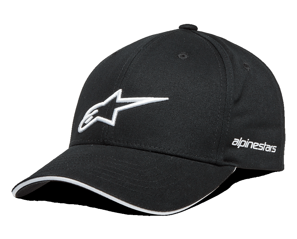 Alpinestars Rostrum Kappe, Schwarze Baseball-Kappe mit weiß gesticktem 3D-Stern-Logo, Gebogener Schirm mit weißem Sandwich-Detail, Seitlicher Alpinestars-Schriftzug, Motorsport-Lifestyle-Kopfbedeckung